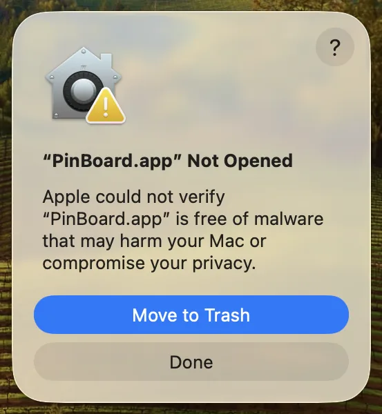 macOS Gatekeeper warning, click Done