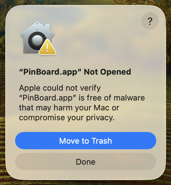 macOS Gatekeeper warning, click Done