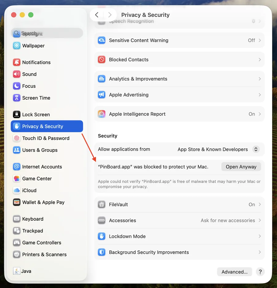 macOS System Settings -> Privacy & Security -> Open Anyway