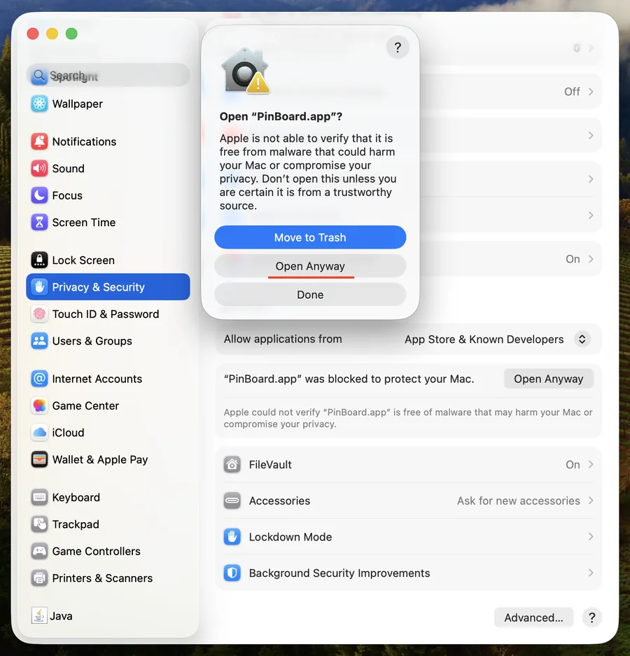 macOS confirmation dialog -> click Open Anyway